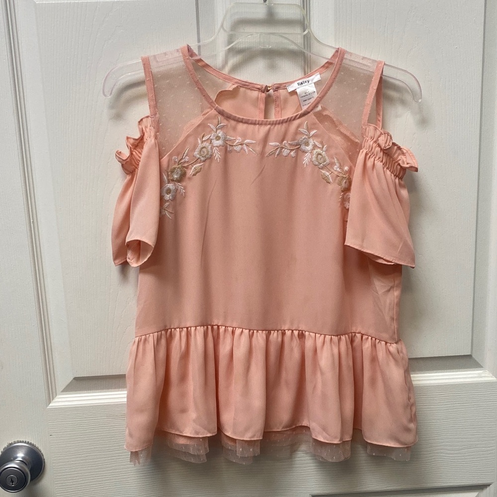 Esley Peach Cold-Shoulder Embroidered Ruffle Blouse